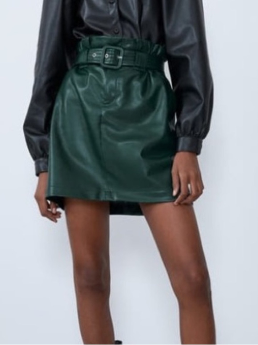 Zara High-Waist Faux Leather Mini Skirt with Belt - Dark Green size M